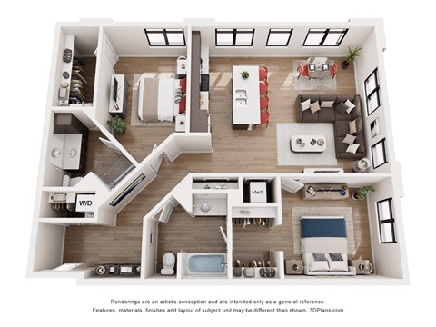 Floor plan for 2 beds, 2 baths, 1228 sqft